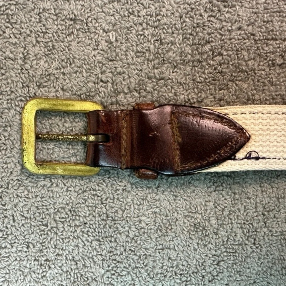 Polo Ralph Lauren Canvas Leather Belt Brown Cream Nautical Embroidered Men 38